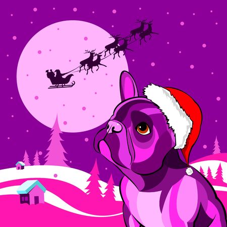 French bulldog Portrait in a Santa's hat . Vector illustration.のイラスト素材