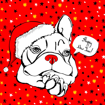 French bulldog Portrait in a Santa's hat . Vector illustration.のイラスト素材