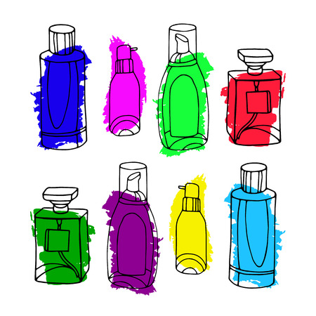 Set of vector perfume fashion container smell spray. Vector illustration perfume shop symbols elegant merchandise gift. Beauty liquid luxury fragrance aroma perfume bottle aromatherapy.のイラスト素材
