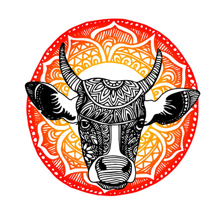 Silhouette of a cow with patterns and ethnic ornaments, ornaments of ancient tribes and peoples of India.のイラスト素材