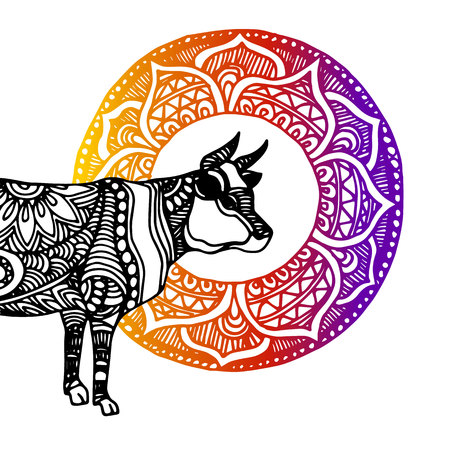 Silhouette of a cow with patterns and ethnic ornaments, ornaments of ancient tribes and peoples of India.のイラスト素材