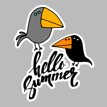 summer, calligraphy, raven, bird, funny animal, hand, graphic, illustrationのイラスト素材