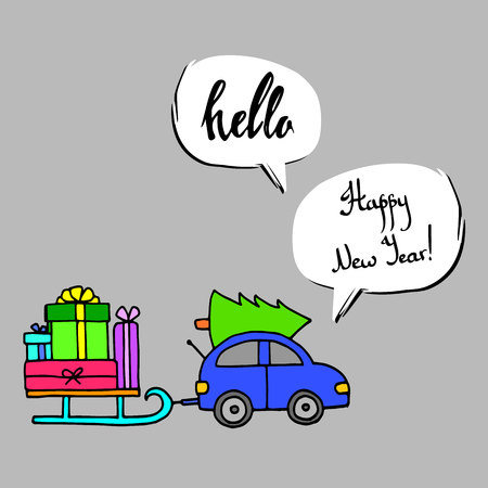 car christmas tree holiday gift illustration vector winter red xmas year newのイラスト素材