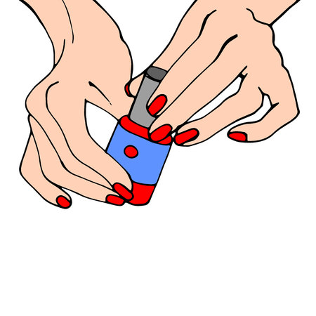 Female young hands with a pink nail polish bottle. Vector.のイラスト素材