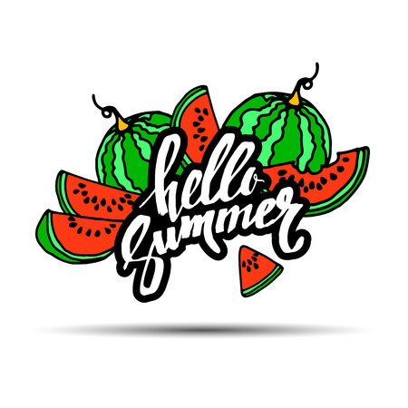 Hello Summer inscription on the background of watermelon. Fashionable calligraphy. summer, illustration, fruit, hello, watermelon, seasonのイラスト素材