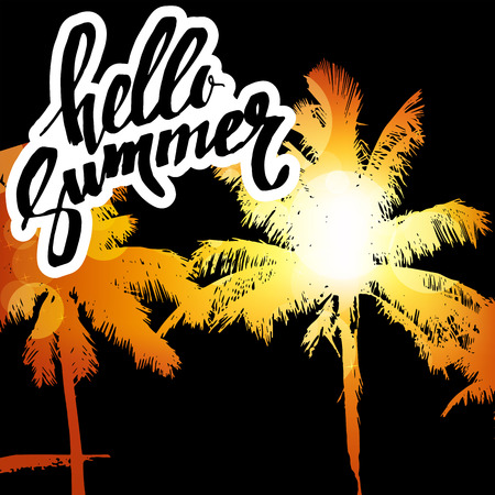 Hello Summer. Modern calligraphy with palm tree silhouettes on bright colorful background. Cheerful summer flyer, placard, poster template in vectorのイラスト素材