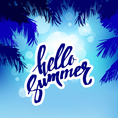 Hello Summer. Modern calligraphy with palm tree silhouettes on bright colorful background. Cheerful summer flyer, placard, poster template in vectorのイラスト素材