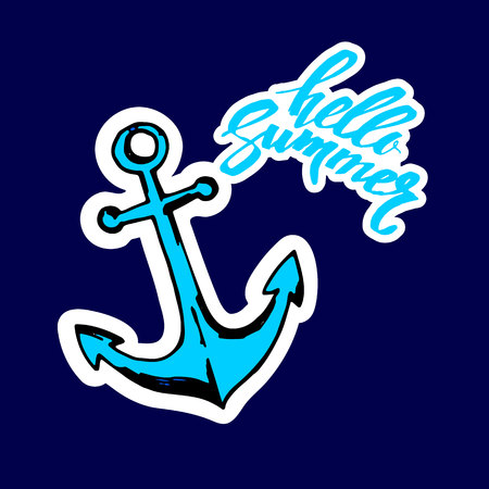 HELLO SUMMER hand lettering handmade calligraphy template and summertime. anchor, vector, symbol, marineのイラスト素材