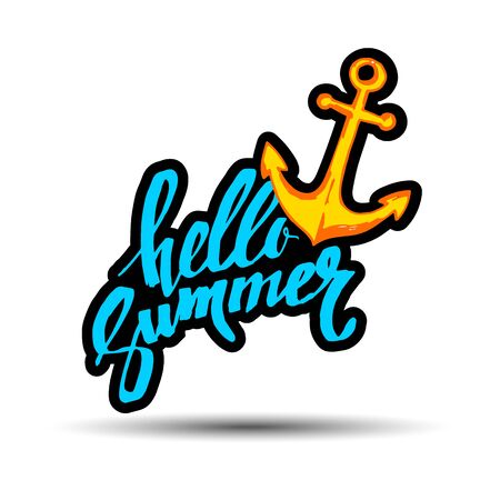 HELLO SUMMER hand lettering handmade calligraphy template and summertime. anchor, vector, symbol, marineのイラスト素材