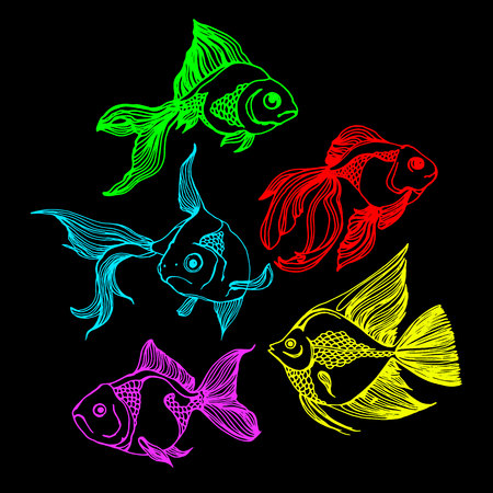 Illustration vector of different kinds of Fish Silhouetteのイラスト素材