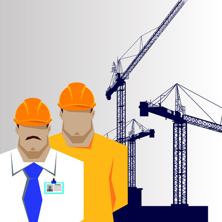 Repairs, Construction builder in yellow helmet working with different tools. Engineer. Worker. Flat design vector illustration.のイラスト素材
