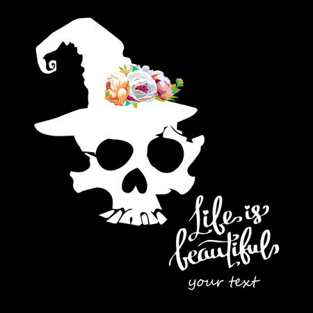 Skull with bones sign. Vector illustration. Unusual skull with attributesのイラスト素材