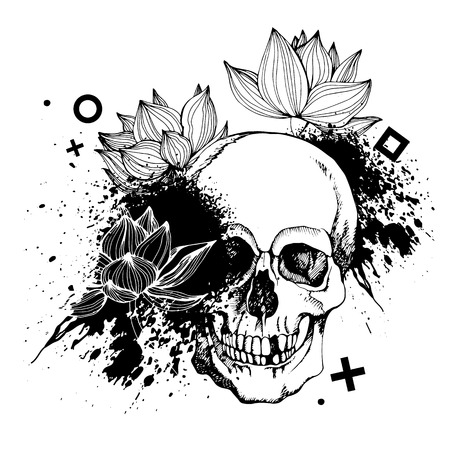 Interesting skull vector with flowers. Painted, bright and attractive.のイラスト素材