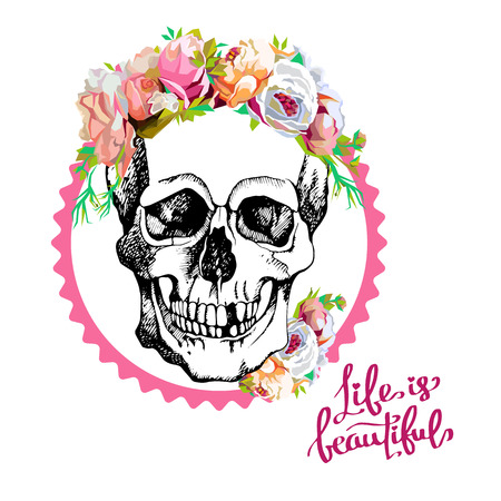 Interesting skull vector with flowers. Painted, bright and attractive.のイラスト素材