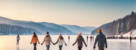 People iceskating on frozen lake in mountains at cold and bright winter day, men and women having fun activity outdoor, skating outside bannerの素材
