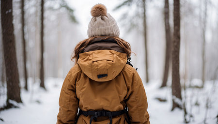 Young woman with backpack in winter park, frozen white forest, girl in yellow parka and knitted hat standing backの素材