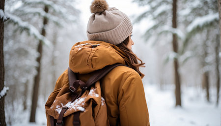 Young woman with backpack in winter park, frozen white forest, girl in yellow parka and knitted hat standing backの素材