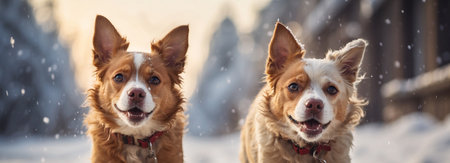 Two happy red dogs running through the snow ahead on winter sunny day, couple of pets walking outdoor in snowy forest bannerの素材