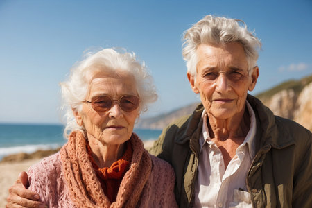 Old couple hugging portrait, senior woman and man on the beach at the ocean, sea holiday of two stylish aged people, husband and wife vacationの素材