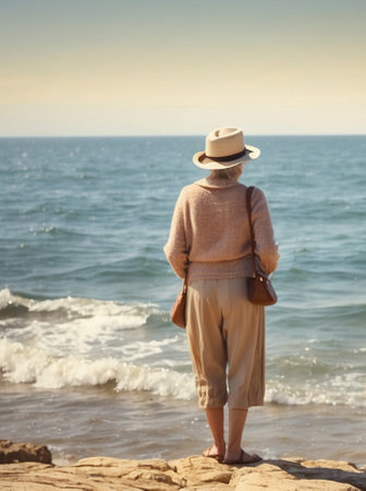 Old woman standing with her back on the beach alone, stylish lady resting outdoor and looking on waves, peaceful sea scene with one personの素材