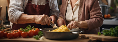 Banner with elderly couple cooking together in a kitchen, old hands of husband and wife close up at homeの素材