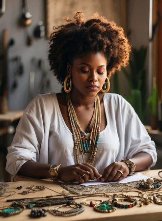 Curly african american woman making jewelry in craft workshop, beautiful female creator working at the table in craft studio vertical photoの素材