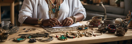 Curly african american woman making jewelry in craft workshop, beautiful female creator working at the table in craft studio bannerの素材