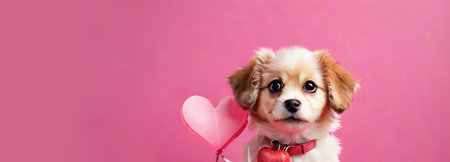 Cute and lovely little puppy portrait on pink background, small dog with heart balloons for Valentine's day banner, pet looking at cameraの素材