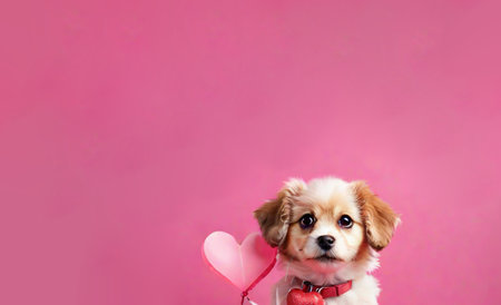 Lovely puppy portrait on pink background, cute dog with heart balloon for Valentine day, studio shot with copy space, pet looking at cameraの素材