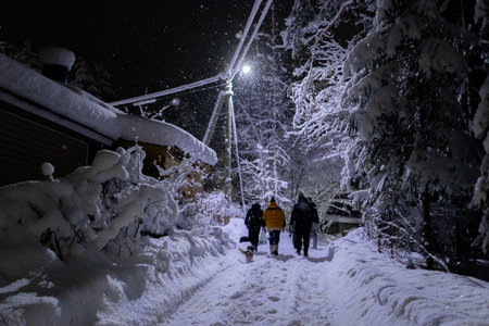Family outdoor together at winter night, beautiful snowy landscape in countryside, group of people walking in street lightの写真素材