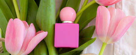 Pink tulips and perfume bottle lying on green leaves background, female branding, gift for women, fresh flowers spray, promo eau product flat lay, bannerの写真素材