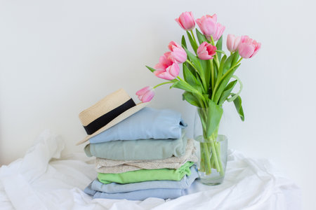Pile of clothes with straw hat and pink tulips bouquet on white, pastel color palette of stacked sweaters and jeans, fresh clothing folded for ironing, fashion store concept with copy space, textile close upの写真素材