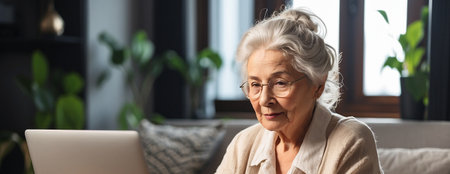 Portrait of senior woman with gray hair working at computer banner. Old lady with laptop looking concerned banerの素材