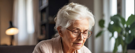Portrait banner of beautiful old woman at home, calm senior lady wearing glasses and looking down indoor. Proud grandmotherの素材