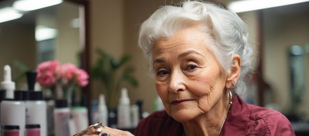 Portrait banner of beautiful old woman, calm senior lady indoor in beauty salon, elderly style bannerの素材