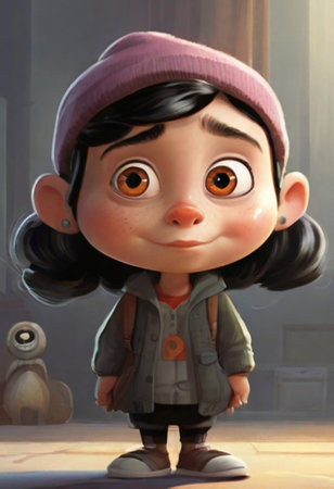 Cartoon boy portrait standing in kids room, illustration of brunette kid with big eyes and long hair wearing hat aloneの素材