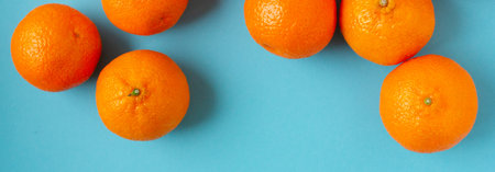 Line of fresh oranges top view banner. Vibrant horizontal photo of citrus fruits flat lay on blue background. Tropical sweet set of plants with vitamin Cの写真素材
