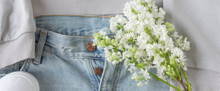 Denim jeans and flowers close up banner, gray sweatshirt, white flowers of lilac, fashion blogger...