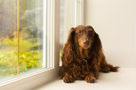 Brown long haired dachshund dog looking out of the windowの写真素材