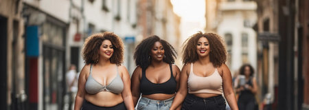 Young women friends walking on the street and having fun together. Bodypositive, feminism, sisterhood, beauty concept. Girls in the city bannerの素材