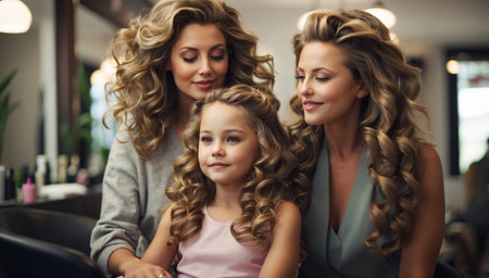 Beautiful mother and daughters in beauty salon, ladies with gorgeous hairstyle preparing for event. Mother's and family day. Baby kids and womenの素材