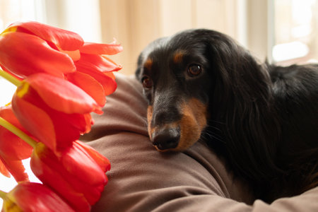 Portrait of black longhaired dachshund lying down and looking up on couch with red tulips. Small beautiful wiener dog in flowers at home. Best friend birthdayの写真素材