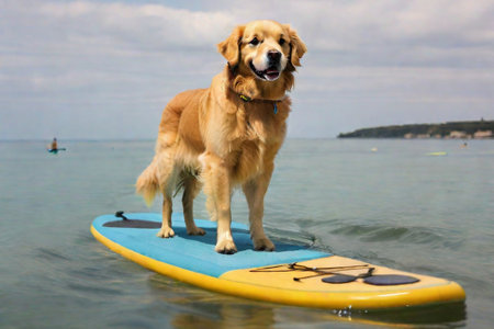 Golden retriever standing on sup board, big dog surfing in the sea or ocean. Active leisure and vacation with animal. Sport activity for petの素材