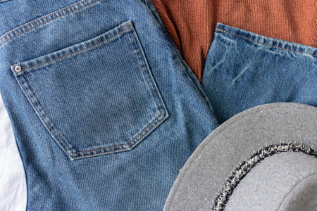Clothing women flat lay with blue jeans, brown sweater, gray felt hat and sunglasses on white, Eco fashion blogger content, autumn and spring outfit flatlay, minimalistic look of the dayの写真素材