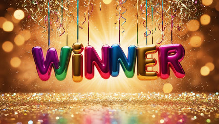 Rainbow Color volume letters âwinnerâ floating over festive blurred bokeh golden background. Concept for success with shiny air balloonsの写真素材
