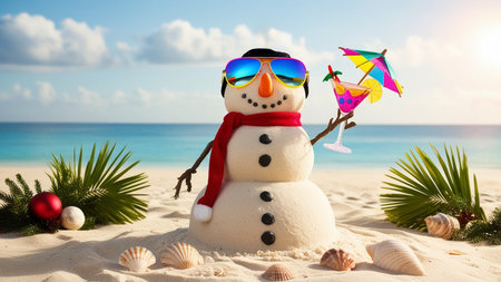 Snowman with cocktail and wears sunglasses made out of sand on a beach with palms. Holiday concept...