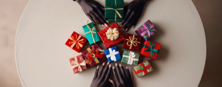 Female black hands lying on many gift boxes and presents, preparing surprise for holiday, top view, Christmas and New Year concept banner. Woman packing boxes with ribbons and bowsの素材