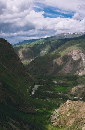 Breathtaking view from Katu-Yaryk Pass over the lush Chulyshman Valley in the Altai Mountains....