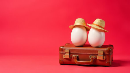 Two cute Easter eggs wear straw hats and sit on vintage suitcase against vibrant red background. Fun and creative travel-themed holiday concept banner full of joy and whimsy, copy space.の素材