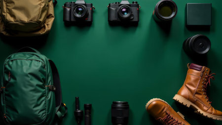 Modern and vintage camera gear, hiking boots, and accessories arranged flat on green. Setup for travelers, explorers, or bloggers. Travel and camping banner with copy spaceの素材